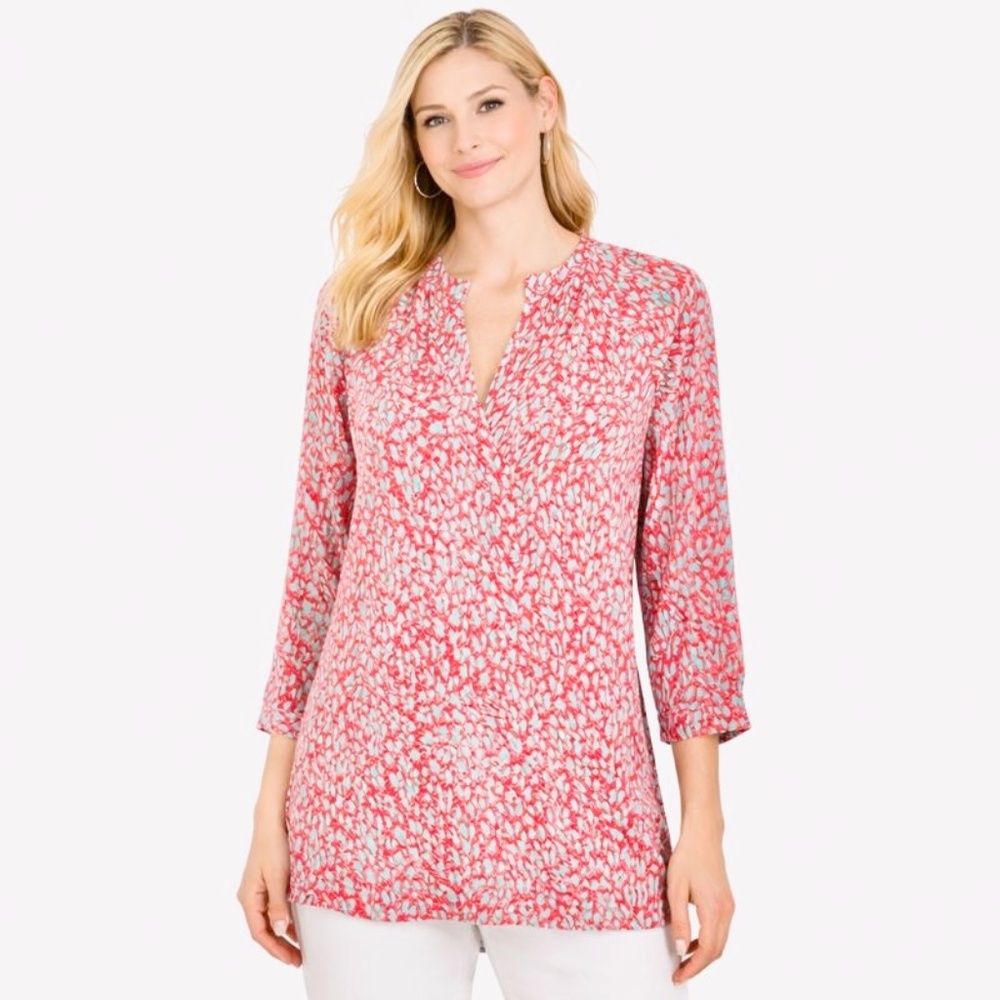 Ellie Kai Red Aqua Print Tunic Top Split V-Neck 3/4 Sleeve Size 6 NWT